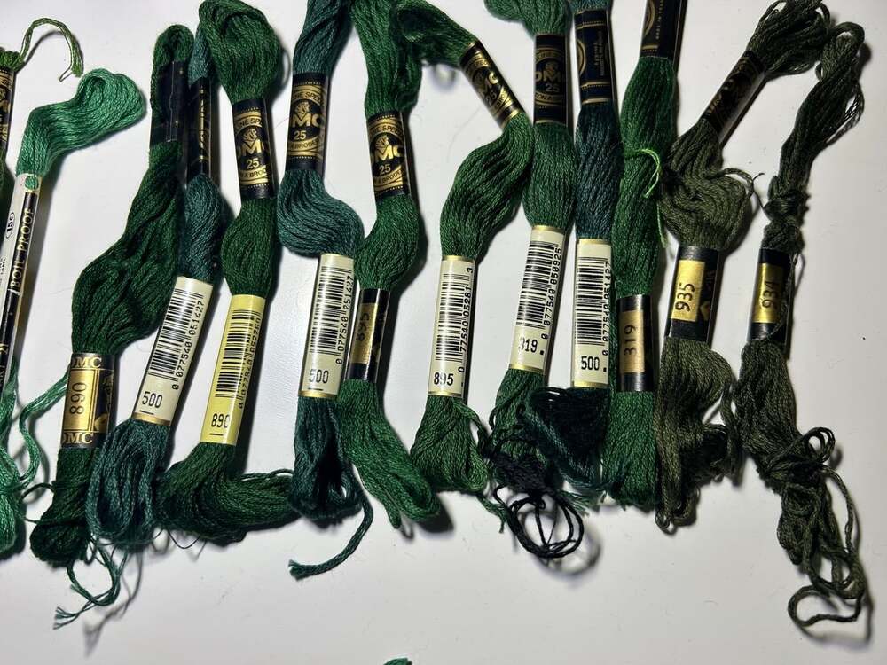 16 Skeins of dark shades of green embroidery threads DMC